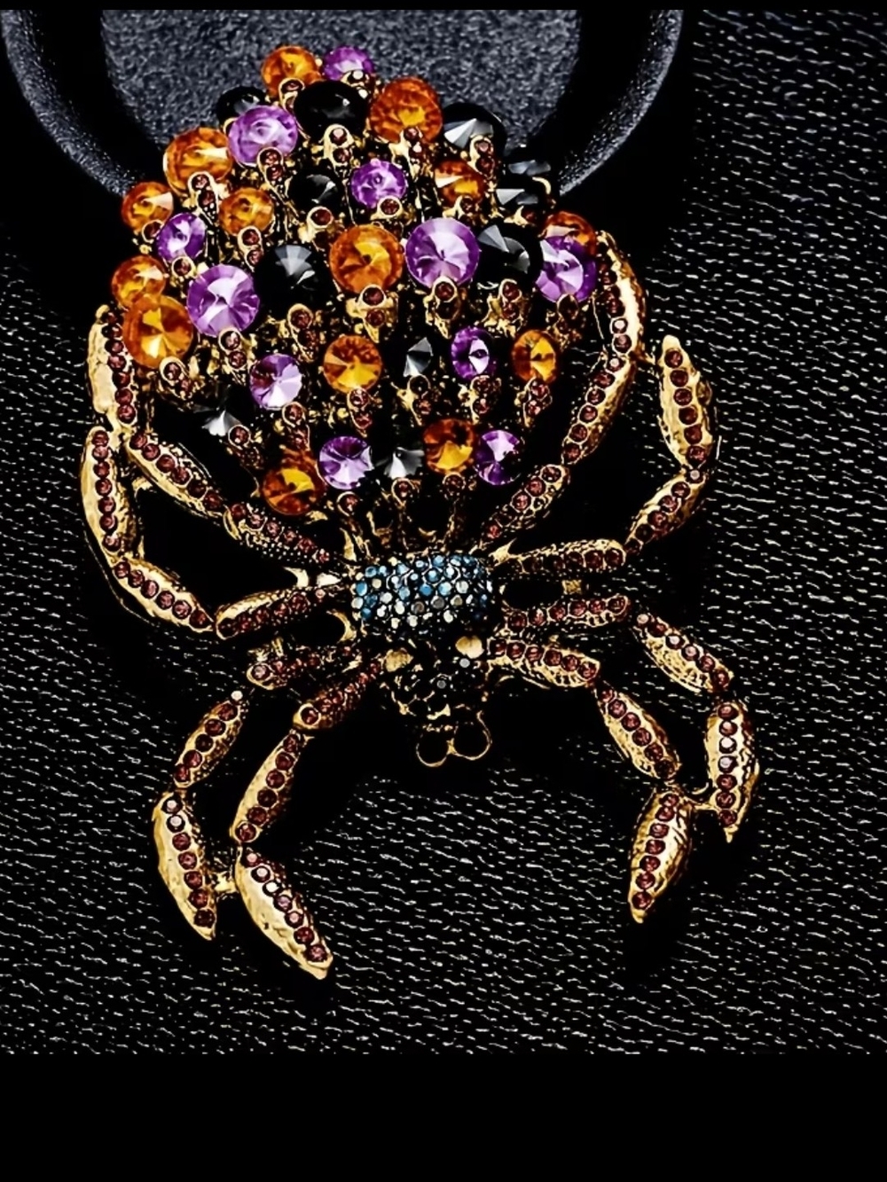 Gold-Tone Spider Pendant Brooch with Purple and Orange Crystals